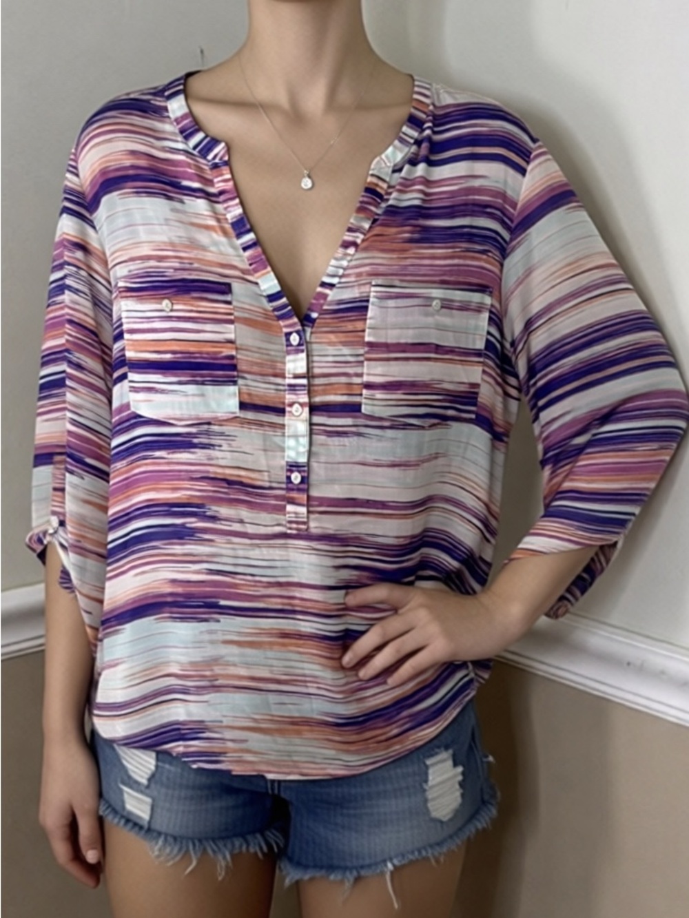 💚 5 for $25! Comp Black Striped V-Neck Pullover Blouse in Purple & Aqua